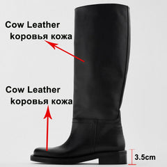 Women Genuine Leather Riding Boots Med Heel Round Toe Shoes
