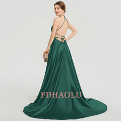 Evening wear Dresses: Long Prom Dresses Green Evening Dress Satin Prom Gowns