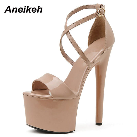 Fashion Platform Cross-Tied PU Modern Sandalias Peep Toe Thin Heels Sandals