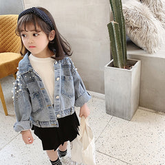 Pearls Beading Denim Jacket For Girls Fashion Coats Children Clothing Autumn