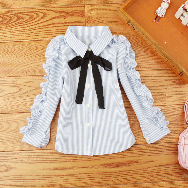 Teenage girls clothes Autumn Kids blue stripe blouses Turn-down collar