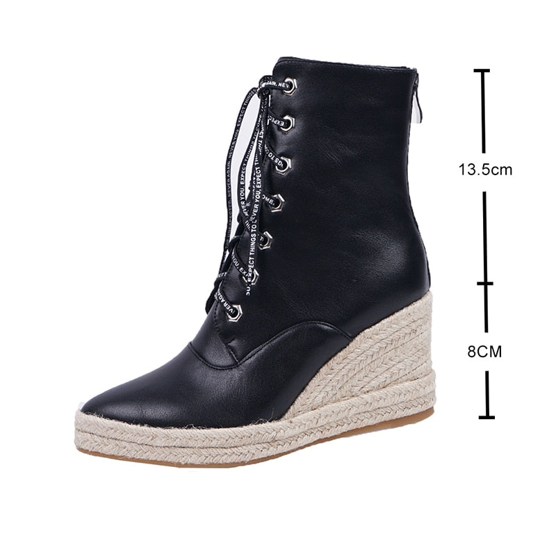 Women Wedge Ankle Boots Casual Lace Up Low Heels Female Platform Shoes