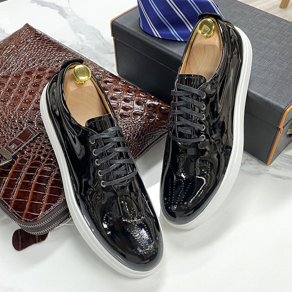 Luxury High Quality Mens Casual Shoes Patent Leather Lace Up Autumn Brand