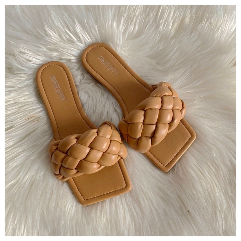 Slippers Women Square Toe Flat Casual Shoes Women Slide Summer Flip Flops