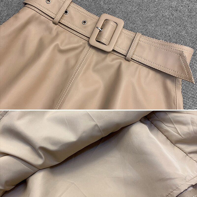 Stylish Genuine Leather Skirt Women Spring European Style Champagne High Waist