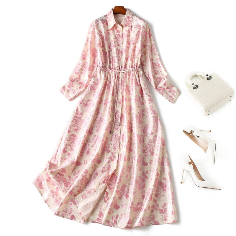 Cotton dress autumn women printed dress single-breasted dresses