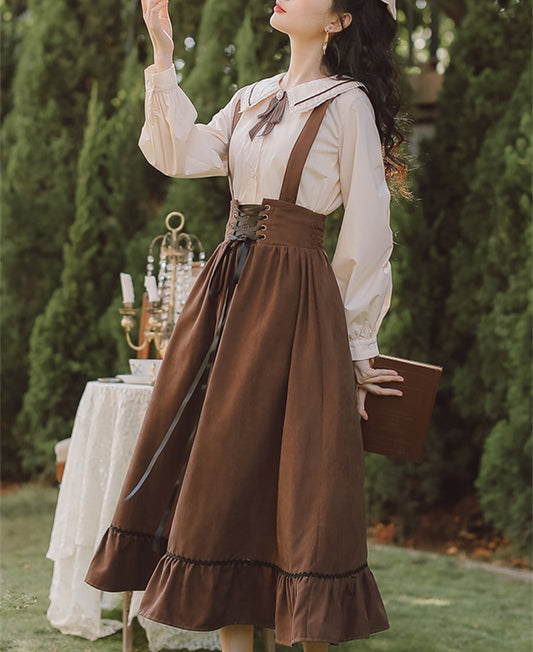 Women Long Midi Suspender Skirt Teen Girls Preppy Style Cute Lace-Up High Waist