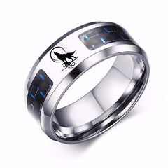 Laser Engraved Wolf Men Ring for Men Stainless Steel Blue Carbon Fibre 8mm