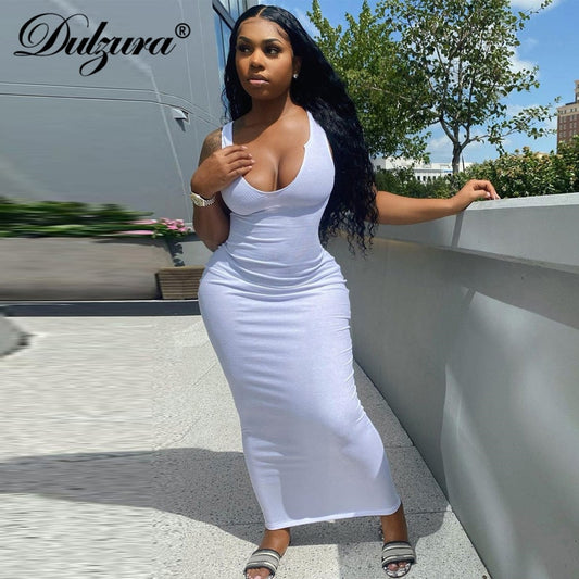 Ribbed Knitted Stripe Women Pure Sleeveless Midi Dress V Neck Bodycon