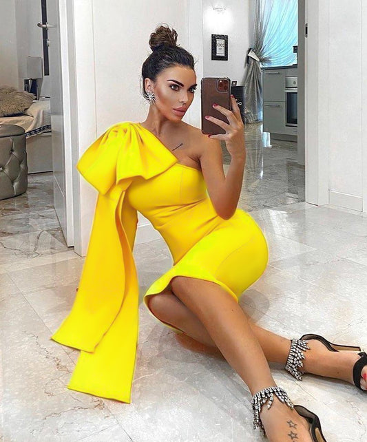 Quality Blue Orange Runway Bownot One Shoulder Long Sleeve