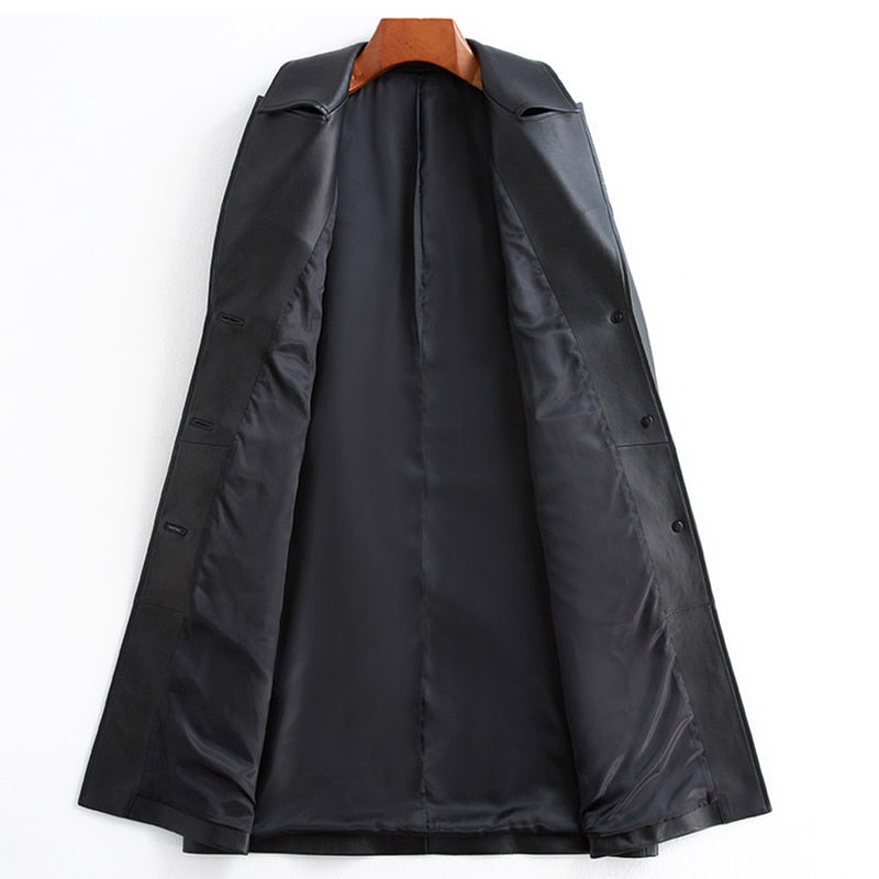 Spring Autumn Black Oversized Leather Trench Coat for Women Raglan