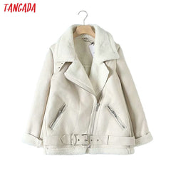 Tangada Women beige fur faux leather jacket coat with belt turn down
