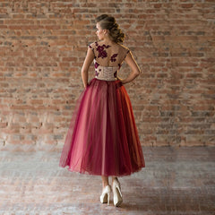 Evening wear Dresses: Prom Party Dresses Tea Length Cap Sleeves Illusion