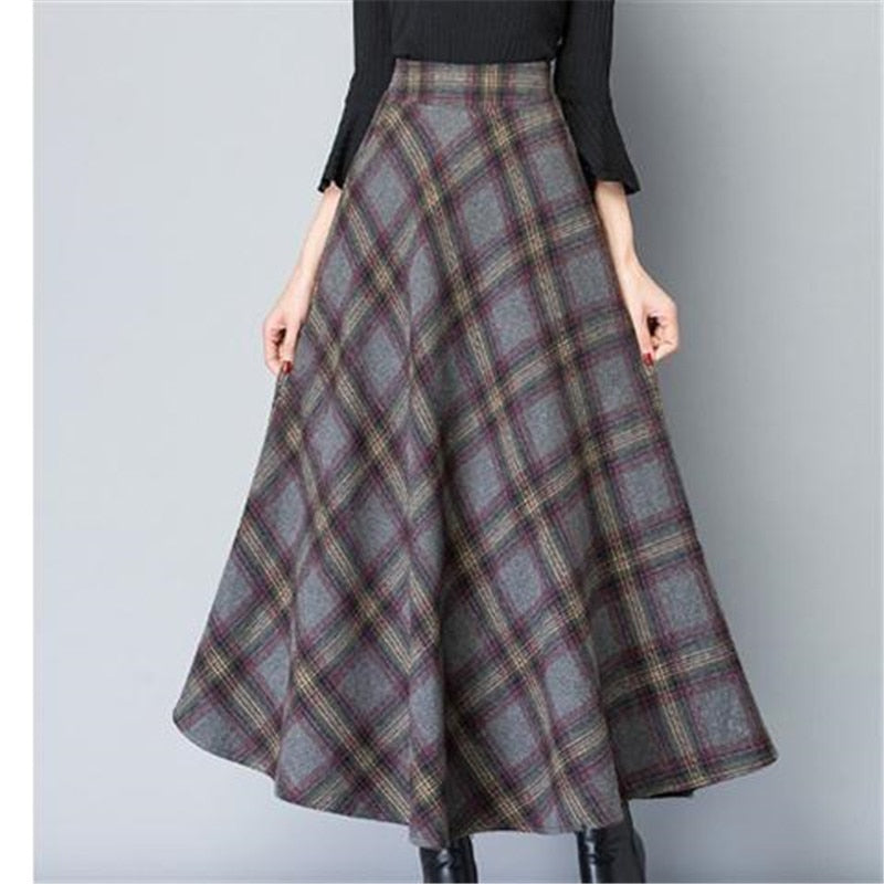Mom High Waist Woolen plaid Skirts Autumn Winter Women Plus Size