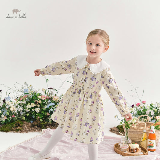 dave bella spring girl fashion 5Y-13Y floral print classical dress children sweet dress