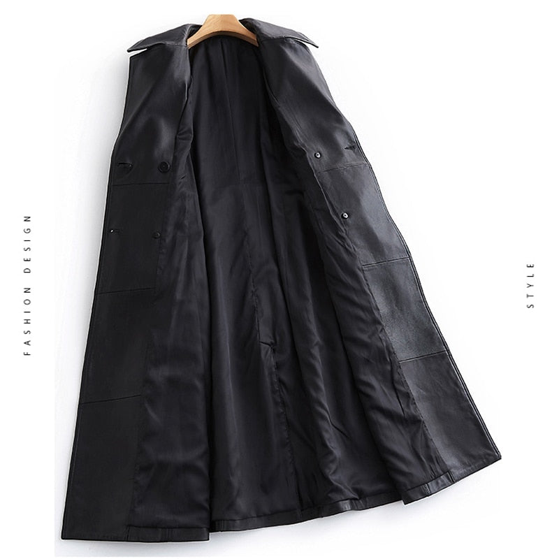 Long black leather trench coat for women long sleeve belt lapel