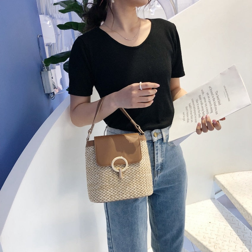 Small Straw Bucket Bags For Women Summer Crossbody Bags Lady Travel