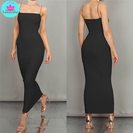 European and American women summer slim tight solid color long dress