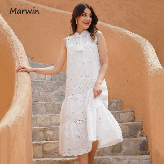 Long Simple Casual Solid Hollow Out Pure Cotton Holiday Style High Waist Fashion
