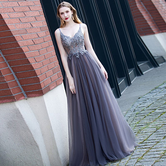 Evening wear Dresses: Prom Dresses V neck High Split Tulle Sleeveless Evening Gown