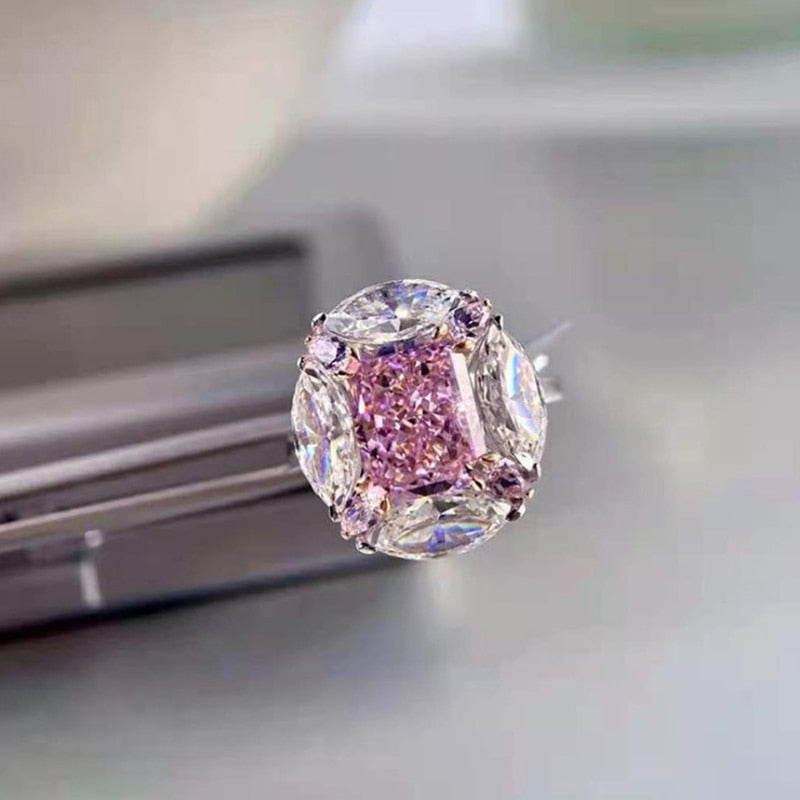 100% 925 Sterling Silver Pink High Carbon Diamond Radiant Cut Rings