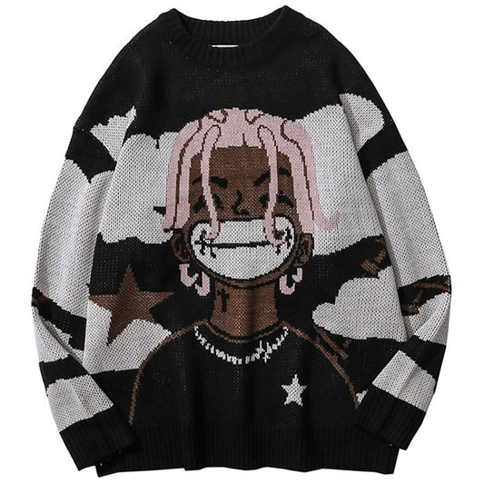 vintage cartoon anime knitted sweater men winter oversized men