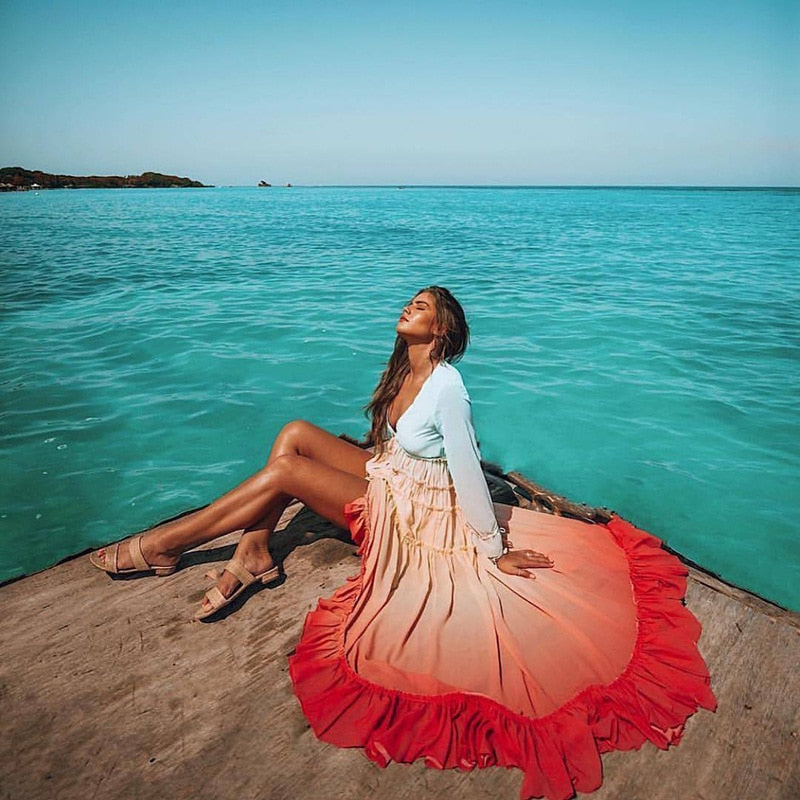 Women's Summer Bohemian Dress Printing Gradient Elegant Maxi Dress