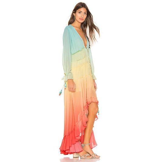 Women's Summer Bohemian Dress Printing Gradient Elegant Maxi Dress