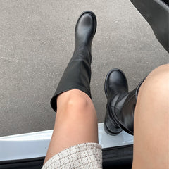 Women Genuine Leather Riding Boots Med Heel Round Toe Shoes