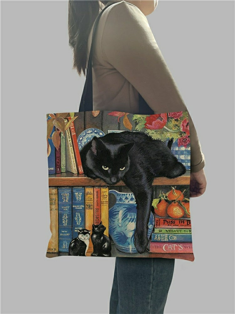 Customize Oil Painting Cat Print Womens Designer Tote Bags Linen