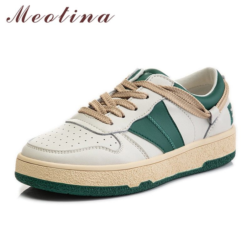 Genuine Leather Women Shoes Flats Platform Shoes Round Toe Lace Up
