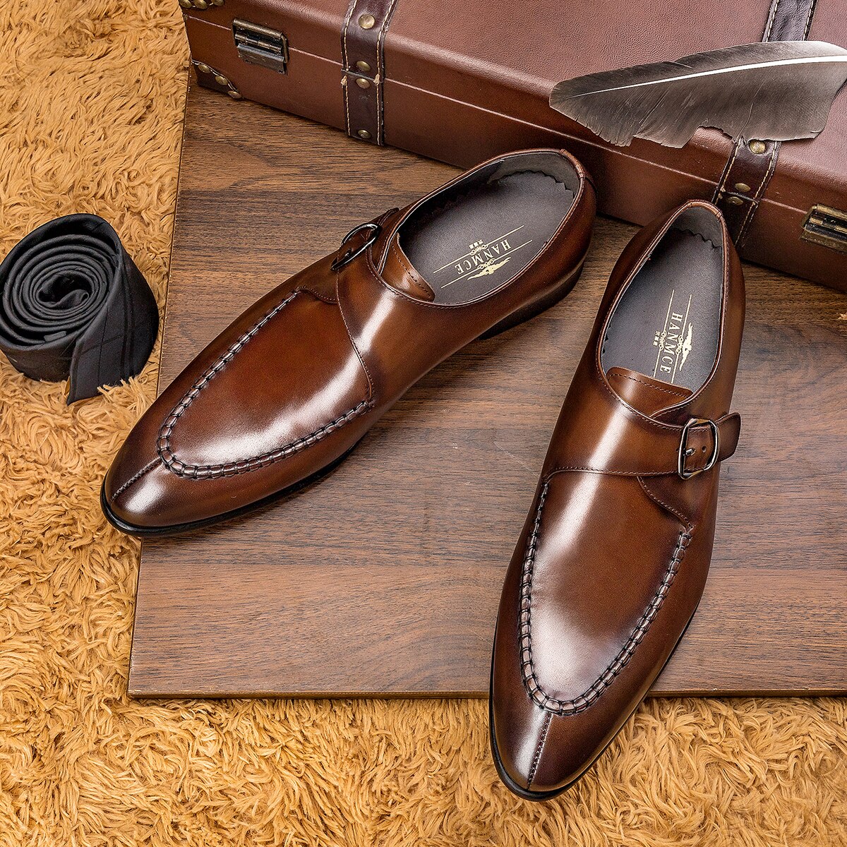 Fashion Monk Shoes Sale Breathable Cow Genuine Leather Pointed Toe Buckle Strap Men Dress Shoes