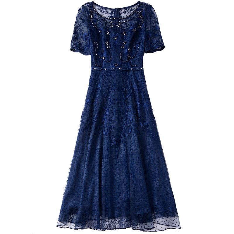 Early autumn round collar slim mesh yarn dress short sleeve high waist