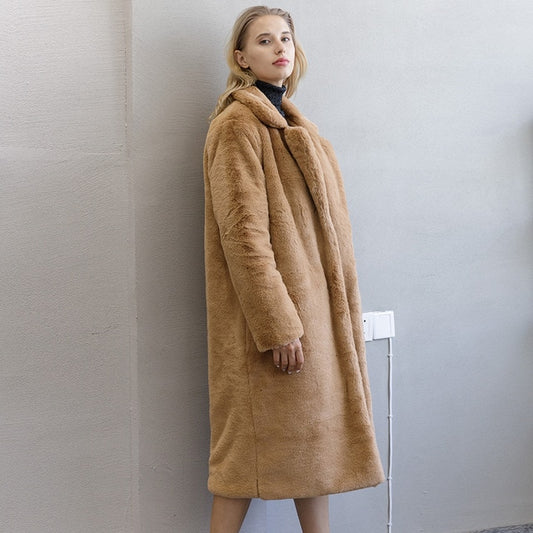 Elegant Long Winter Faux Fur Coat Women Fashion Plush Fur Coats Loose