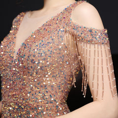 Evening wear Dresses: Elegant Gold Sequin Women Mermaid Evening Dress