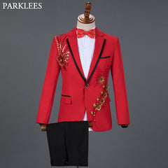 Tuxedo for Mens: Red Diamond Floral Men Suits for Wedding Mens Suits 3 Piece