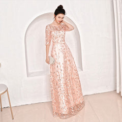 Evening wear Dresses: O Neck Half Sleeve Evening Dresses Long Tulle Appliques Elegant