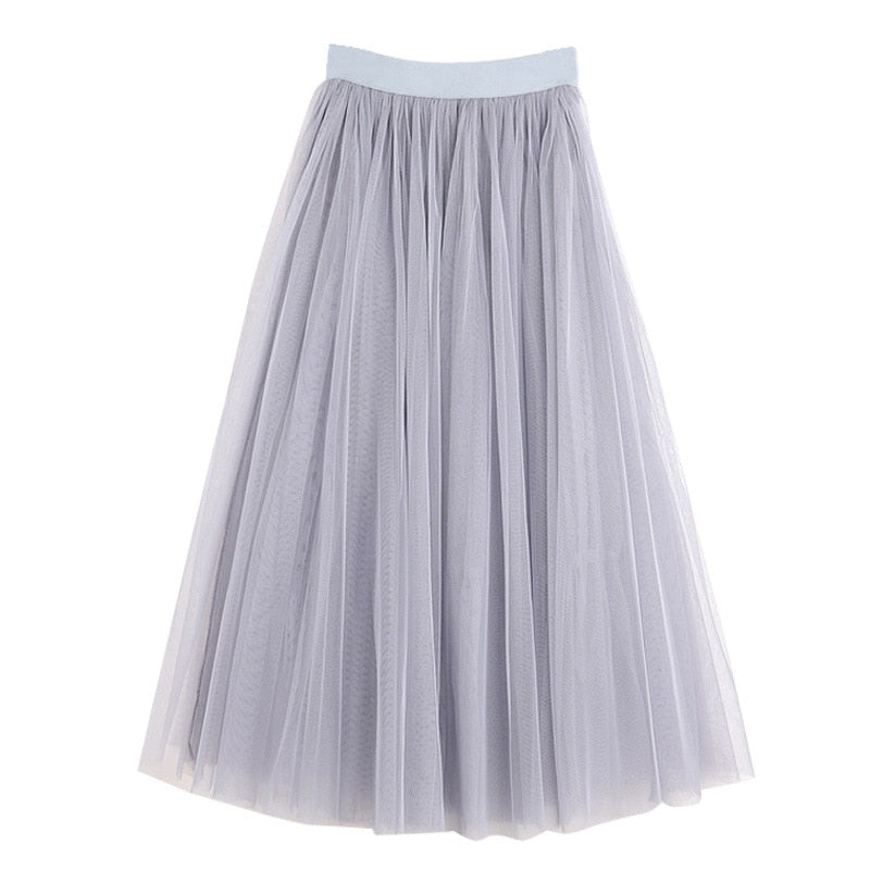 Vintage Bohemian Tulle Long Skirt Women Elastic High Waist A-line Pleated Mesh