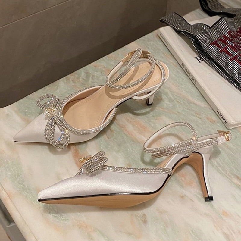 Fashion Glitter Rhinestones Women Pumps Crystal Bowknot Silk Pointed Toe Buckle