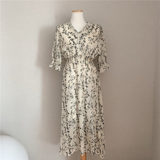 Vintage Korea Fashion Clothing Summer Slim Elastic Waist A Line V Neck Elegant