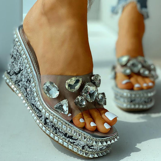design crystals rivets clear platform high heels leisure slipper wedges sandals