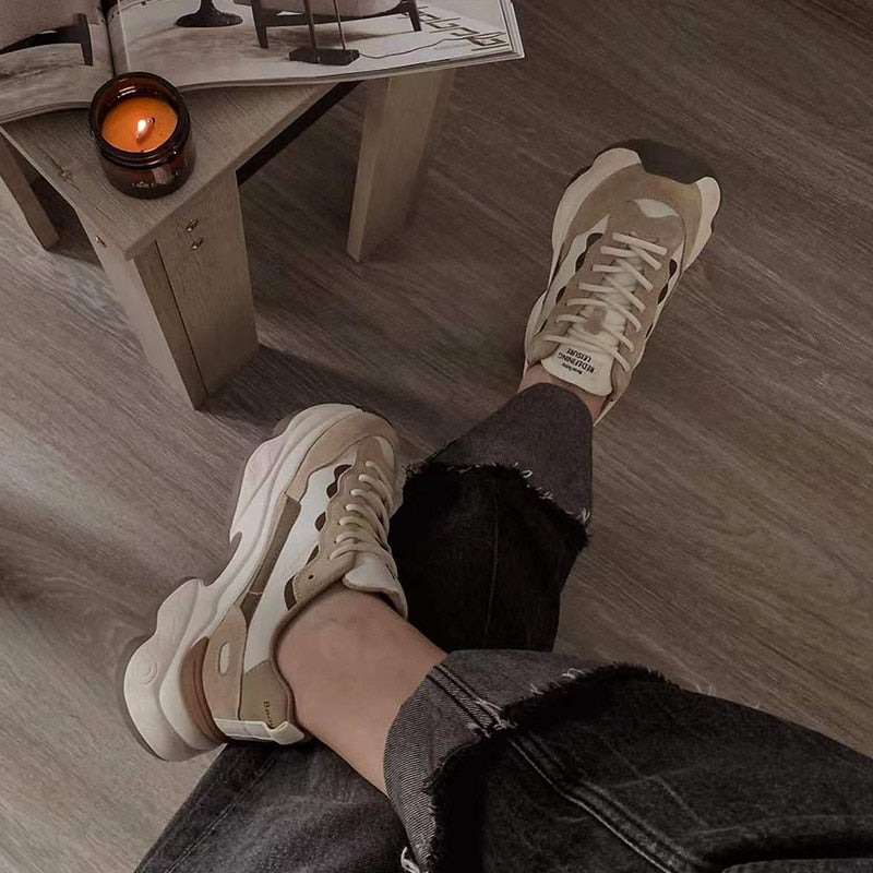 Sneakers Women Leather Patchwork Fabric Round Toe Mixed Color