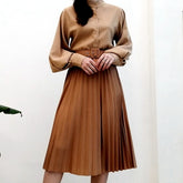 High Waist Women Skirt Casual Vintage Solid Belted Pleated Midi Skirts Lady 19 Color