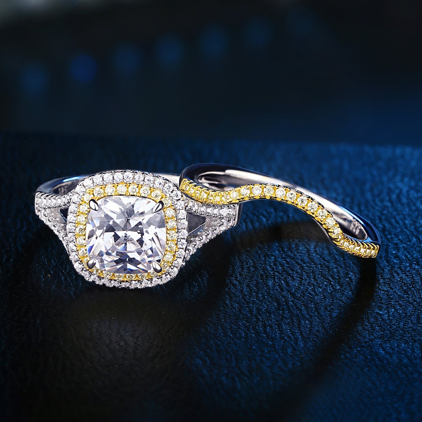 925 Silver Jewelry Halo Yellow Gold Color Engagement Ring Wedding Band