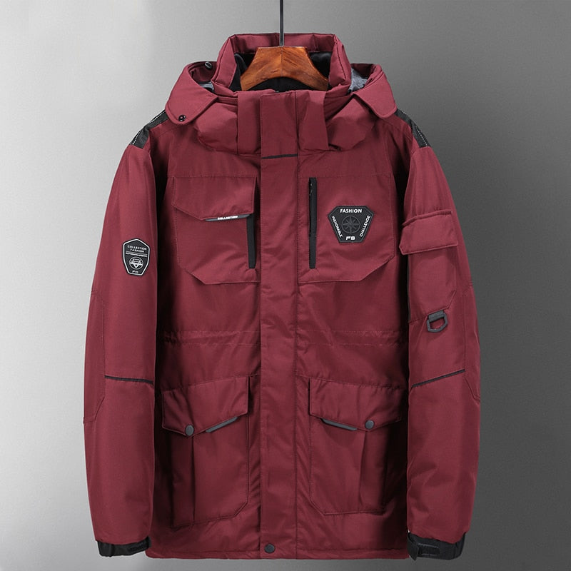 Men's White Down Jacket Cargo Warm Hooded Thick Puffer Jacket Coat