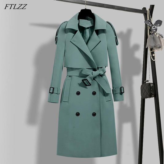 Autumn Winter Elegant Women Double Breasted Solid Trench Coat