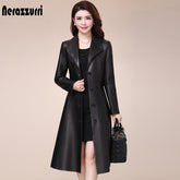 Spring autumn long black soft faux leather coat women long sleeve