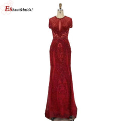 Evening wear Dresses: Wedding Evening Night Dresses Short Sleeves O Neck Beading