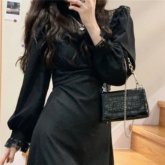 French Lace Vintage Dress Women Fashion Puffer Sleeve Elegant One Piece Dress
