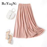 Pleated Midi Skirt Elastic High Waist Sweet Casual Summer Slim